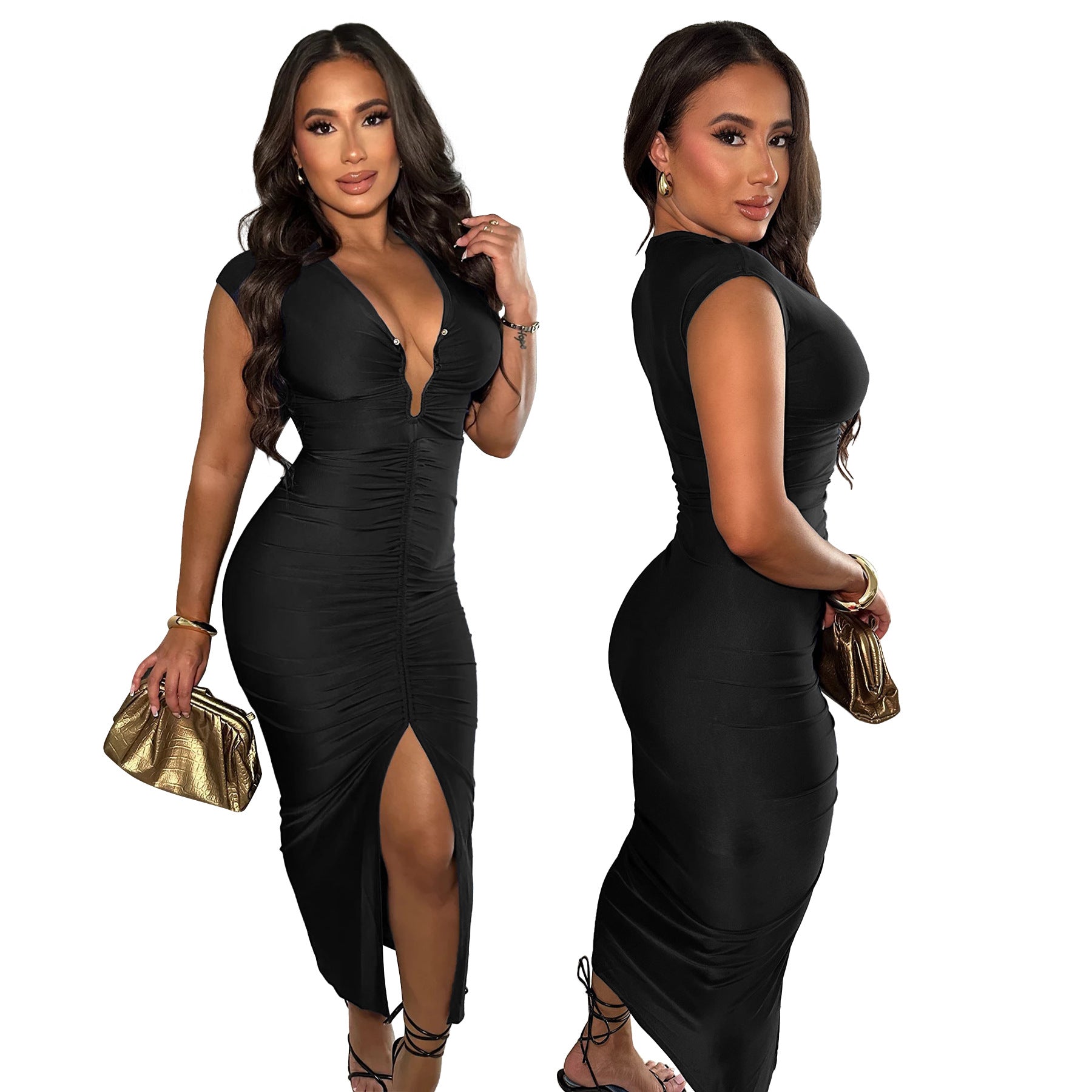Fashionable Women's Summer Solid Color Sexy Deep V Slim Dress