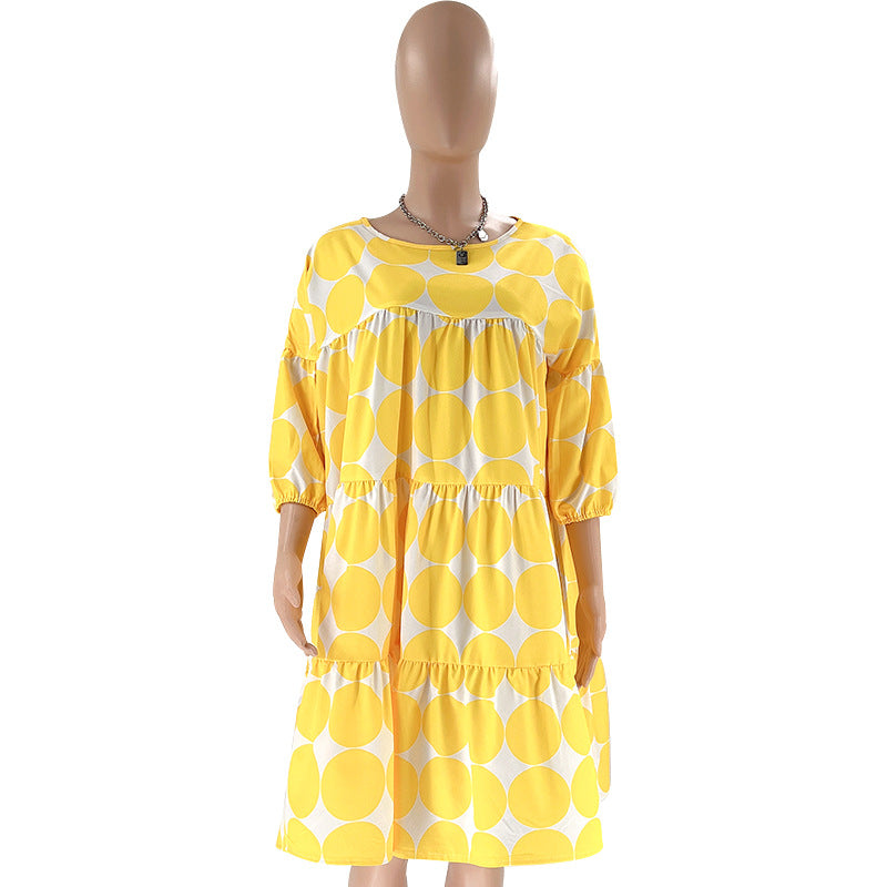 Summer Women Large Polka Dot Loose Round Neck Half-Sleeve Pleated Dress 22