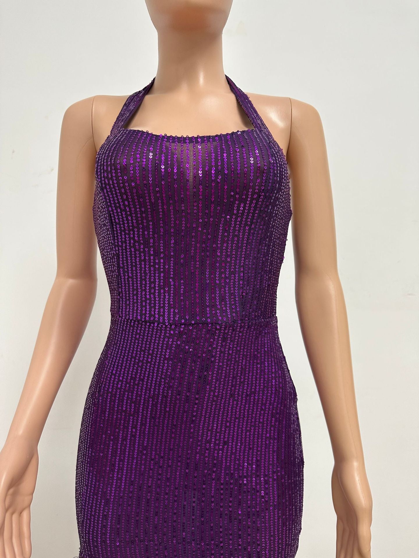 Women Sleeveless Halter Neck Backless Sequin Slit Evening Dress 63