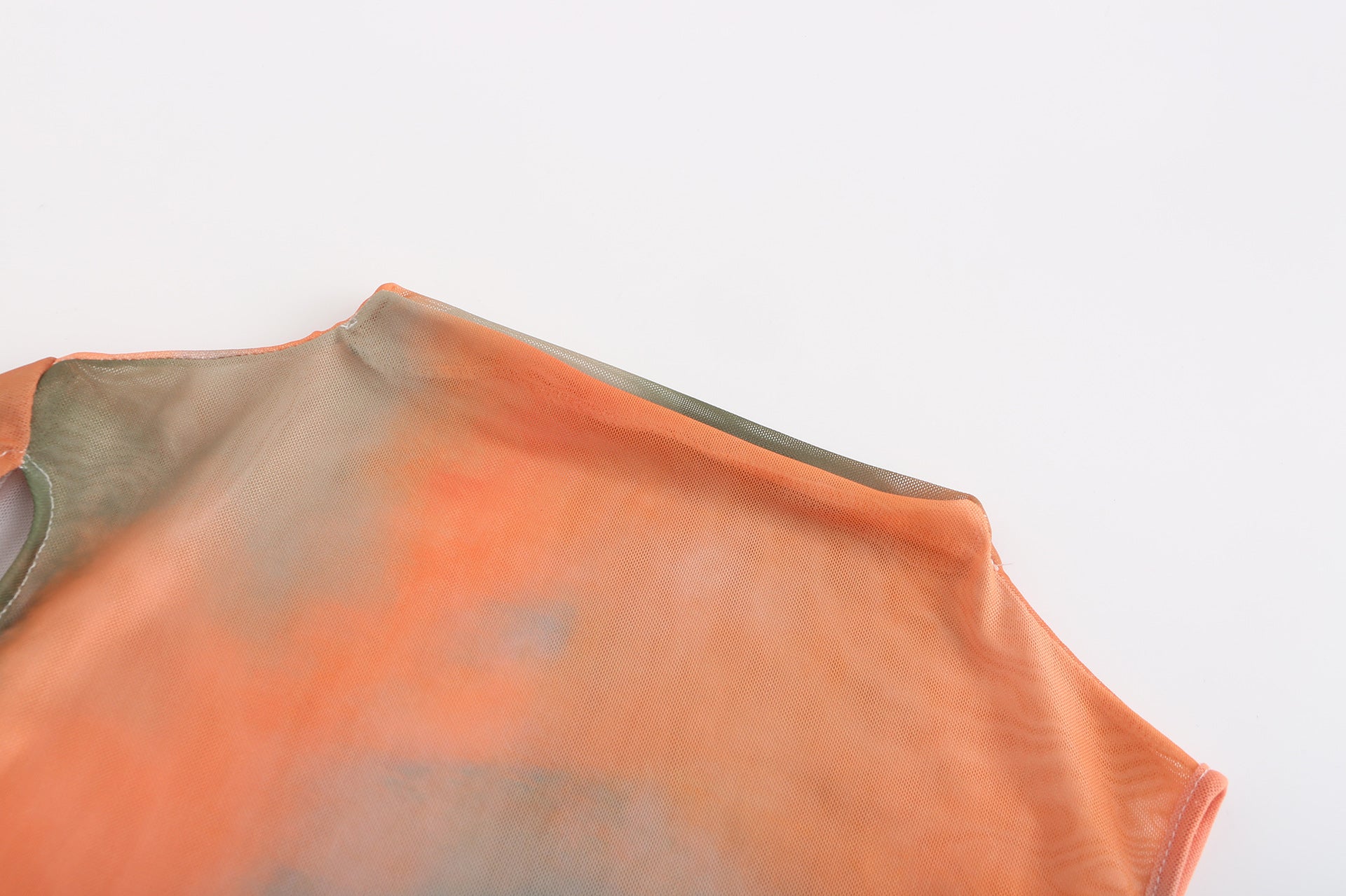 Women Spring Printed Mesh See-Through Hollow Round Neck Single Sleeve Dress 13