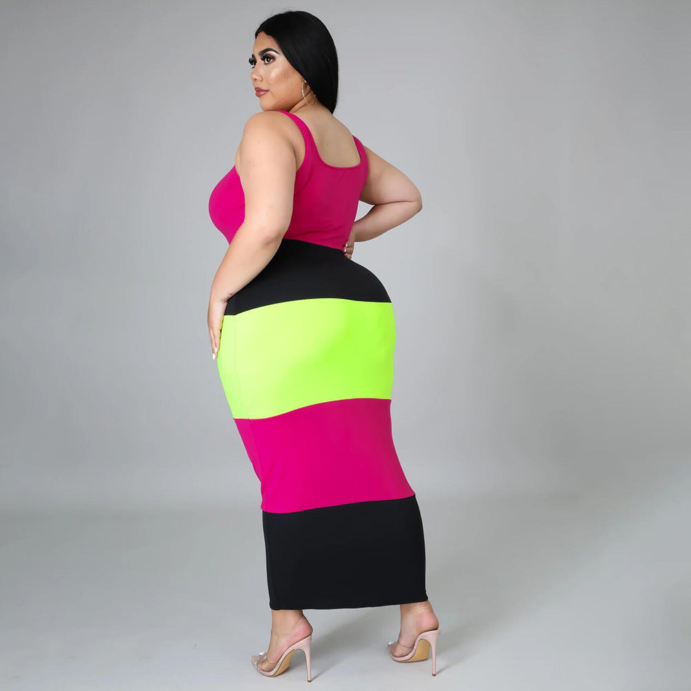 Multicolor Patchwork Plus Size U Neck Strappy Women's Sleeveless Long Dress 4