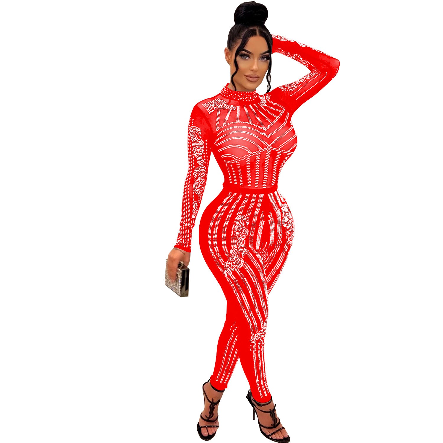 Women Solid Mesh Beaded Long Sleeve Jumpsuit 9