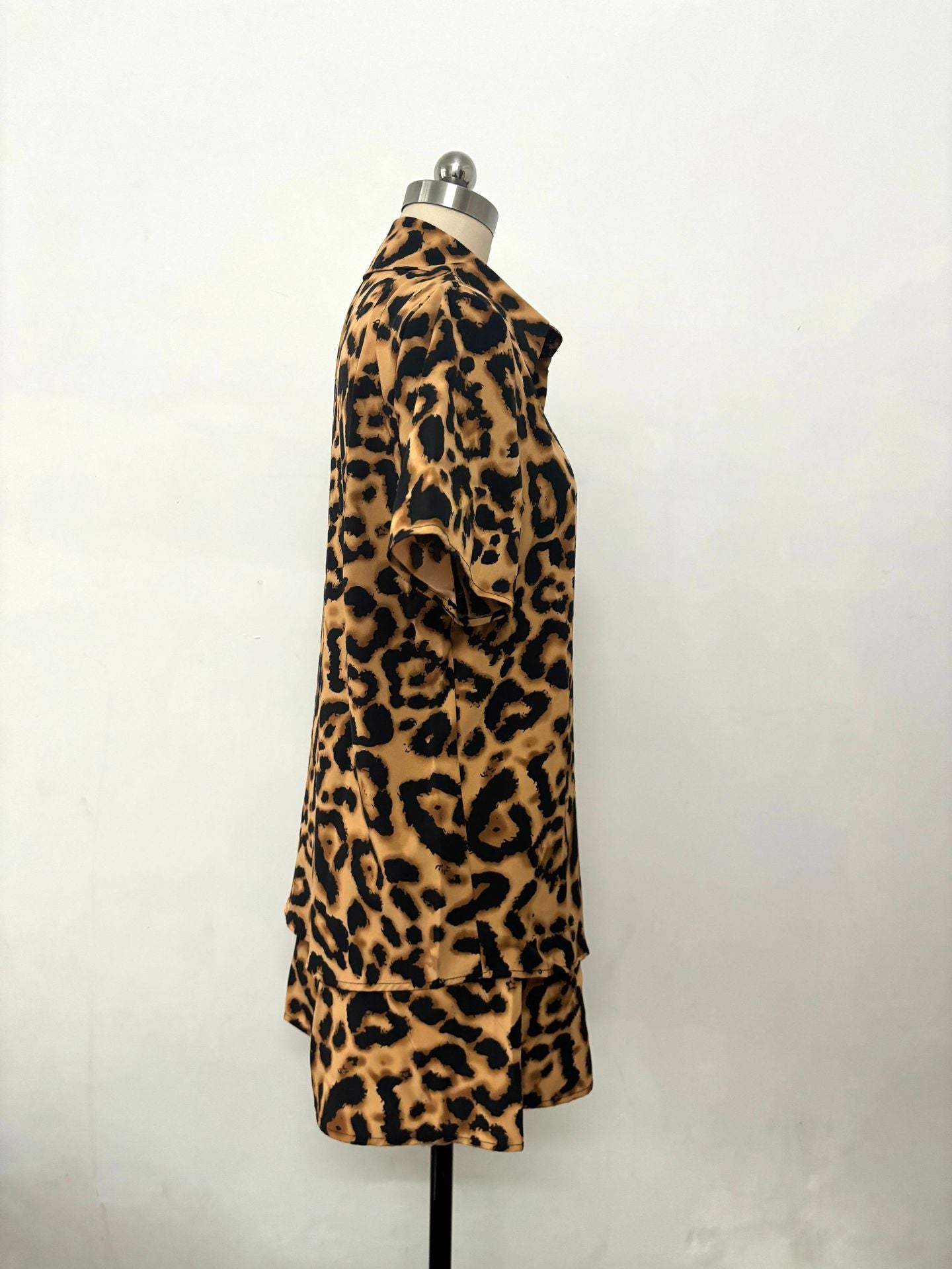 Women Leopard Print Short Sleeve Shirt Shorts Summer Two-Piece Set 7