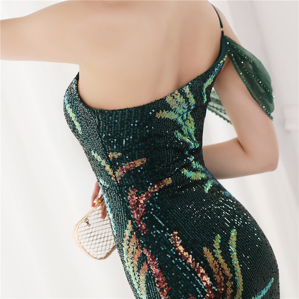 Summer Sequin One Shoulder Slit Long Evening Dress 36