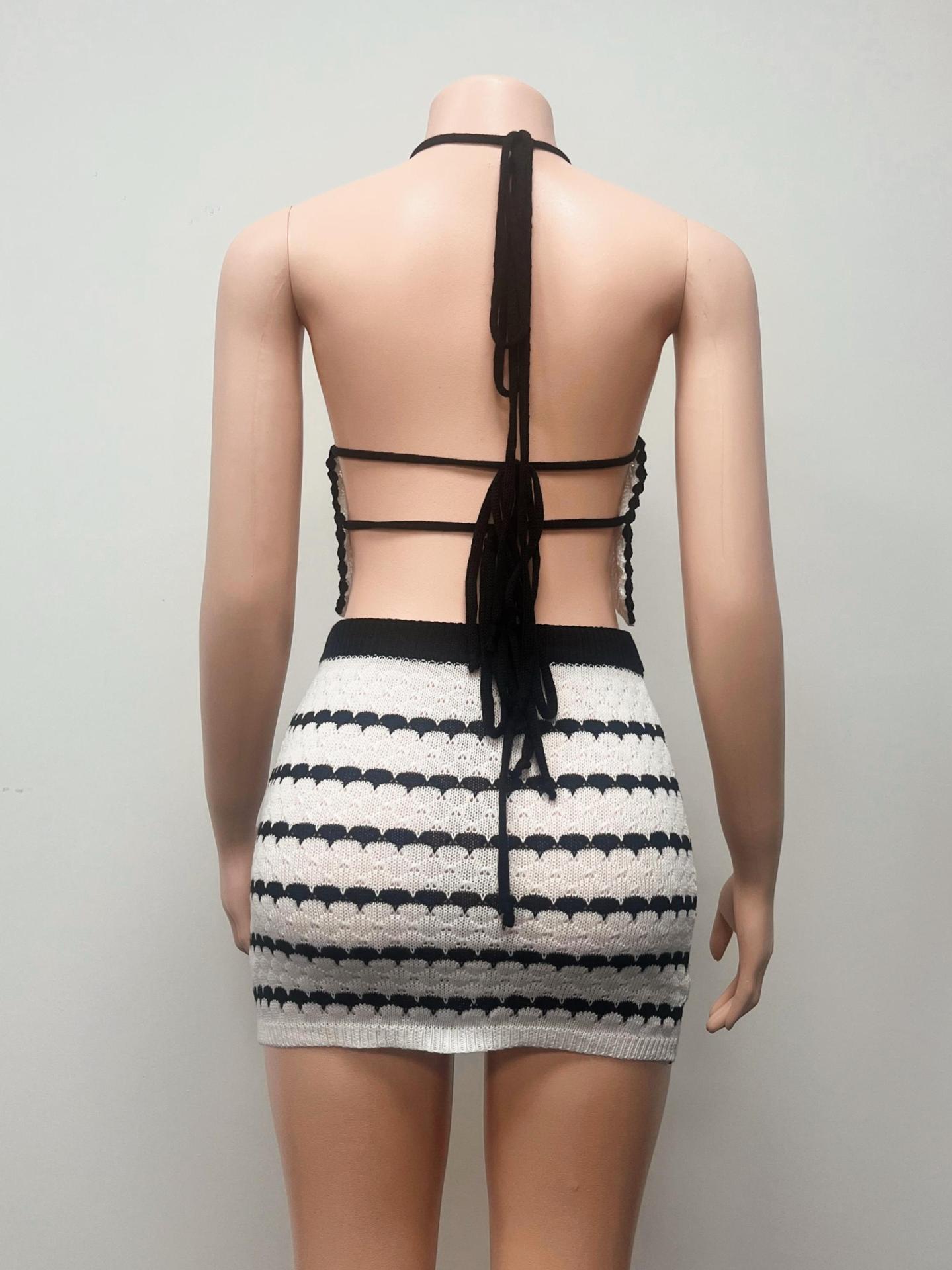 Women Sexy Summer V-Neck Halter Neck Backless Knitting Top Skirt Two-Piece Set 10
