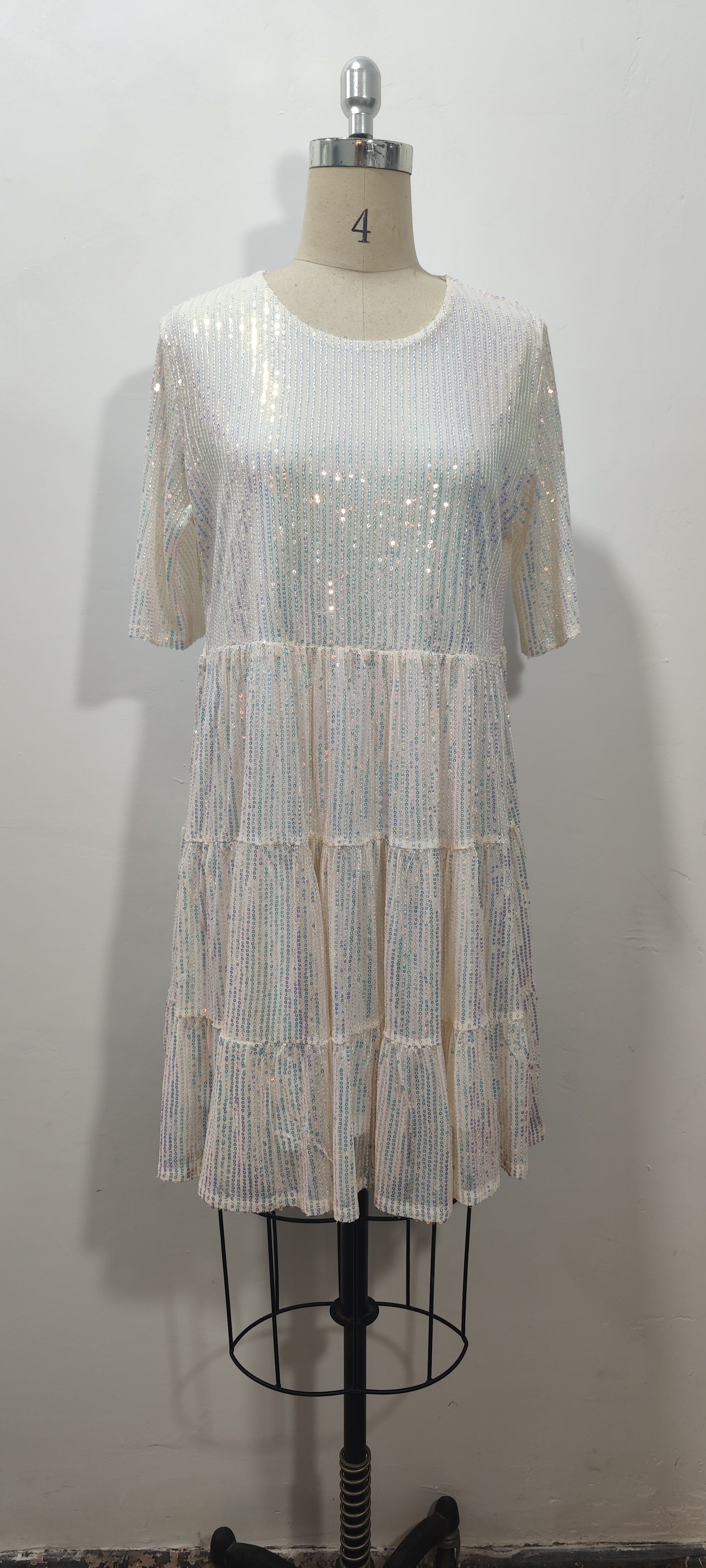 Women 's Sequin Half Sleeve Round Neck Ruffle Loose Formal Party Dress 29