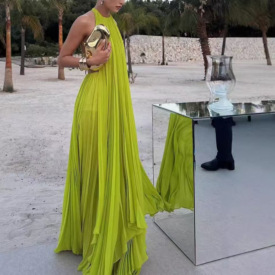 Summer Women's Solid Color Round Neck Sleeveless Sexy Low-Back Beach Long Dress 4