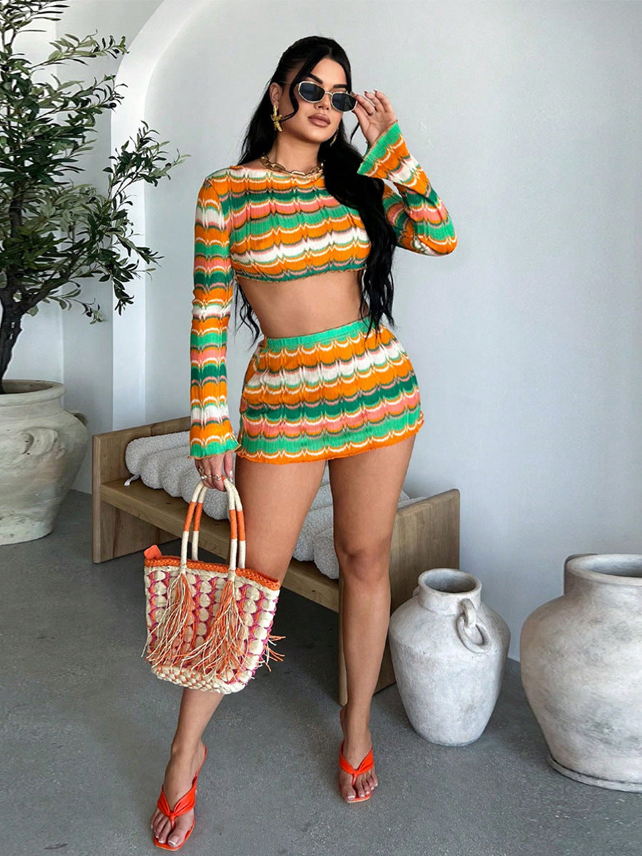 Women's Autumn Winter Sexy Crop Top Yarn-Dyed Multi-Color Skirt Set 4
