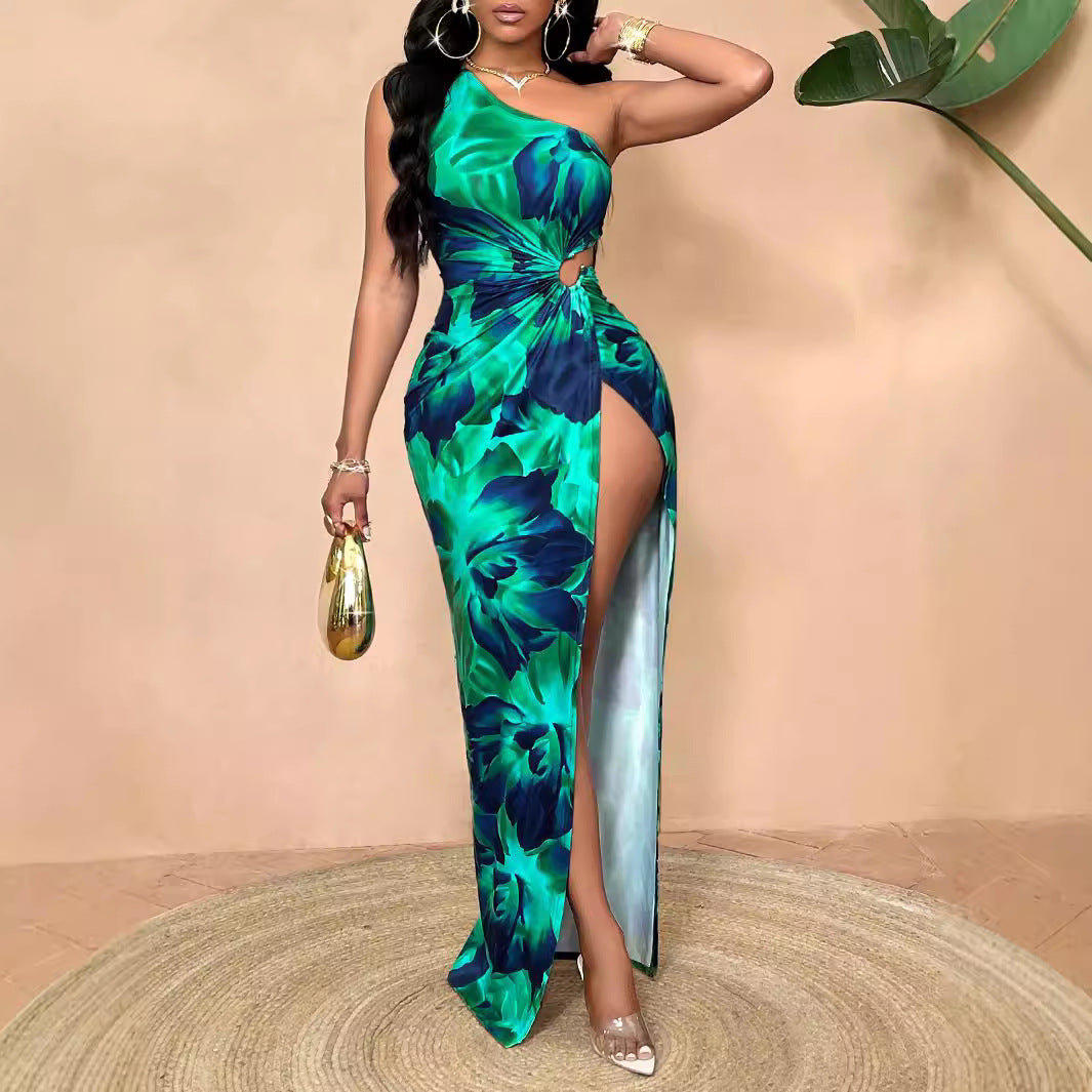 Women Summer Sexy Slash Shoulder Print Slit Dress 4