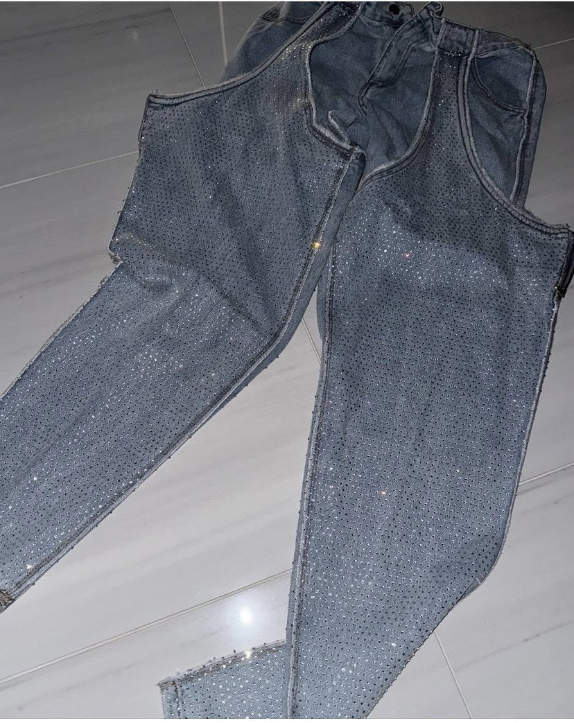 Fashion Irregular hollow Patchwork zipper Beaded elastic Denim pants 14