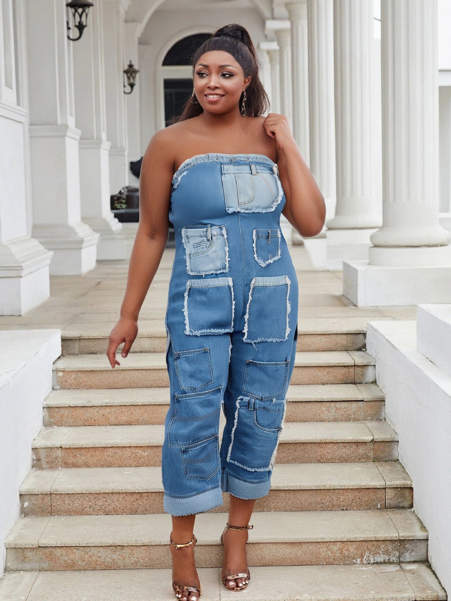 Plus Size Strapless Multi Pocket Patch Cargo Denim Jumpsuit