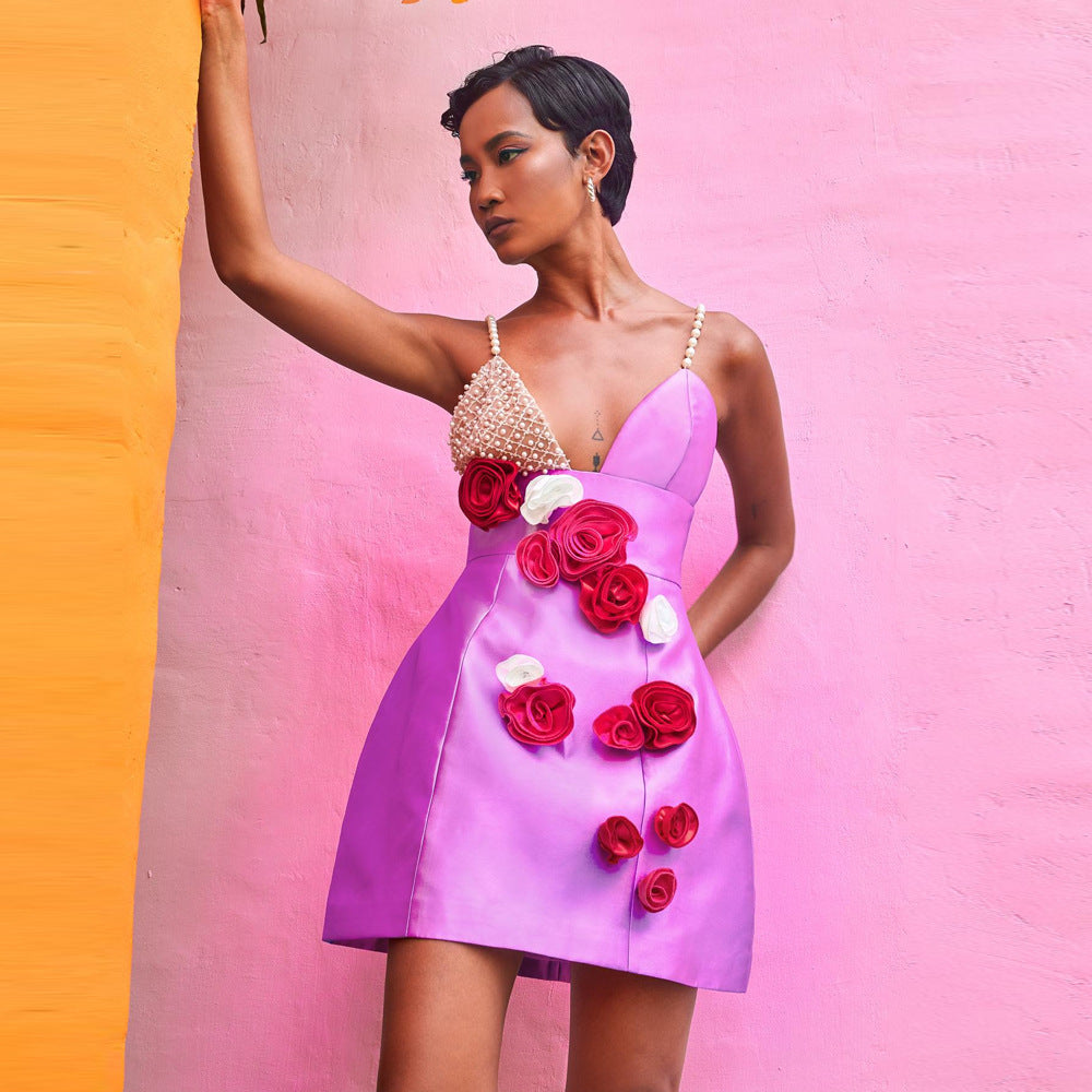 Pearl Strap Flower Sexy Short Bandage Sexy Dress 5