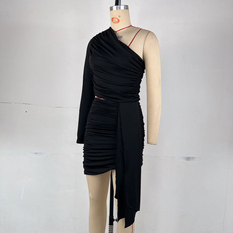 Women Pleated One-shoulder Sleeve Open Waist and Bodycon Skirt Two-piece Set 11