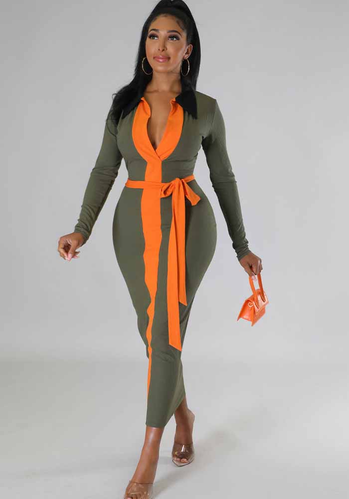 Women Fall Long Sleeve Contrast Belt Dress