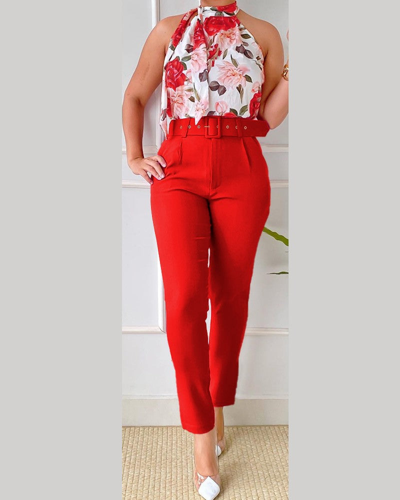 Spring Print Fashion Casual Elegant Sleeveless Two Piece Pants Suit 7