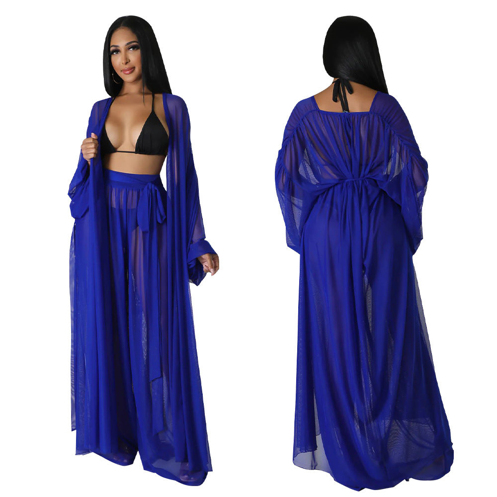 Fashion Ladies Solid Color Bat Sleeves Sexy See-Through Long Sleeve Pant Set 6