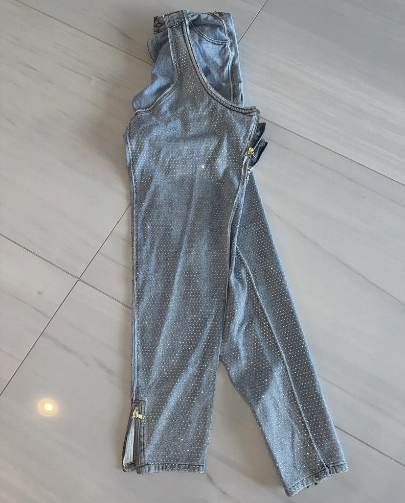 Fashion Irregular hollow Patchwork zipper Beaded elastic Denim pants 16