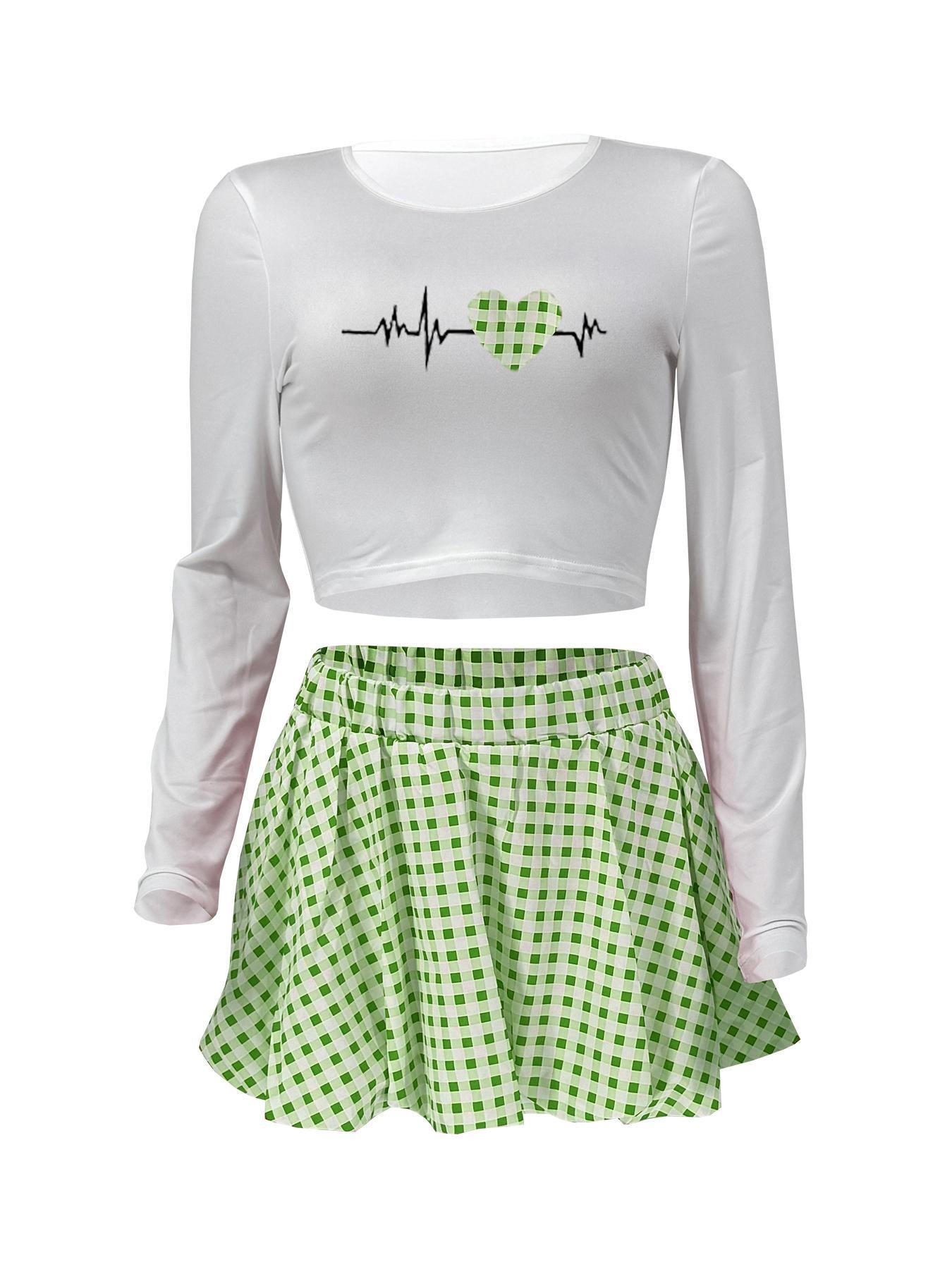 Women Casual Top and Plaid Flower Bud Skirt Two-piece Set 20