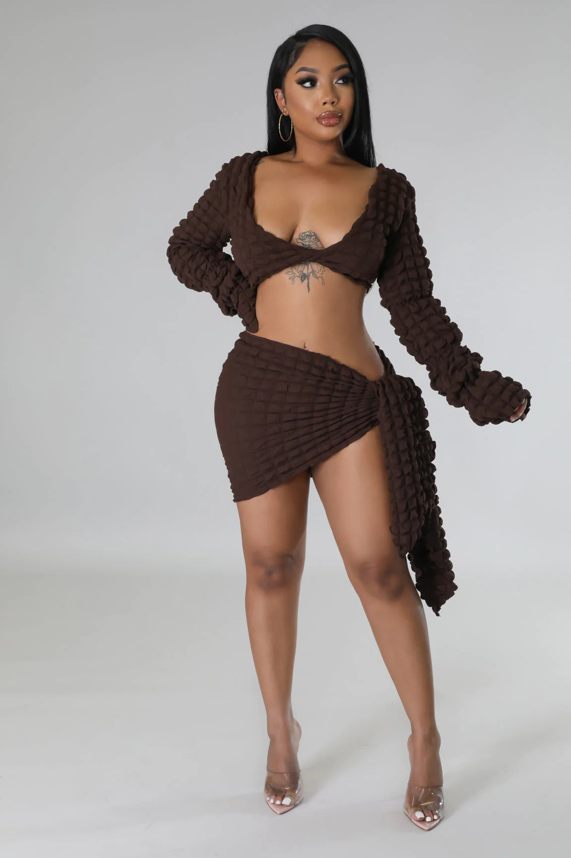 Women's Autumn Sexy V Neck Bubble Top Lace Up Open Waist Skirt Holidays two piece set 11