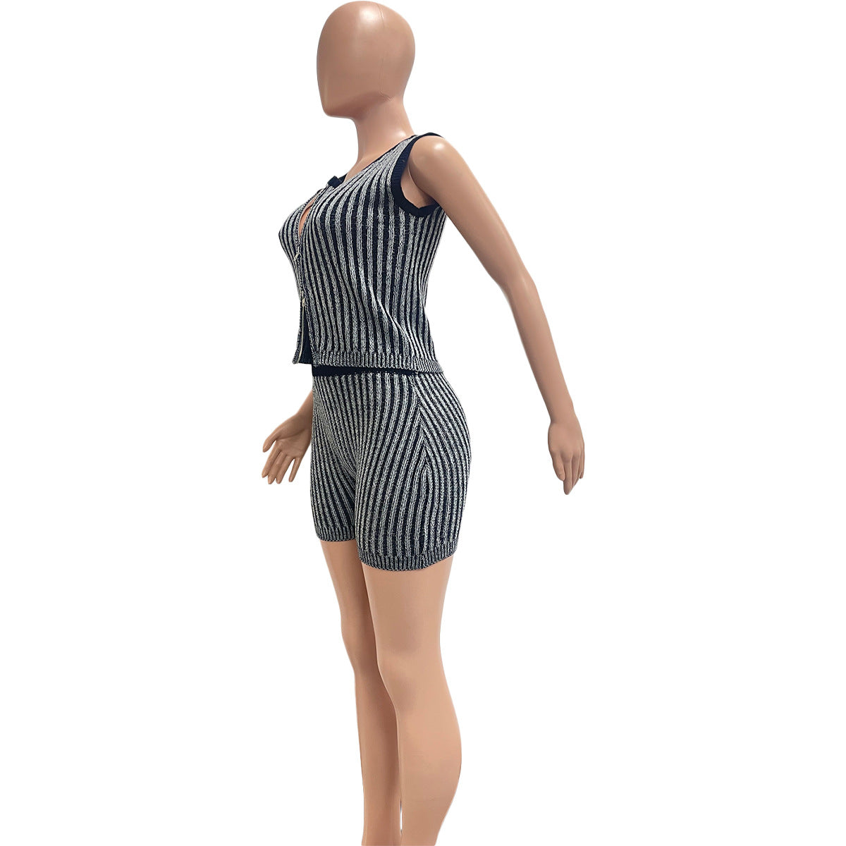 Women Knitting Zipper Top and Shorts Casual Two-piece Set 8