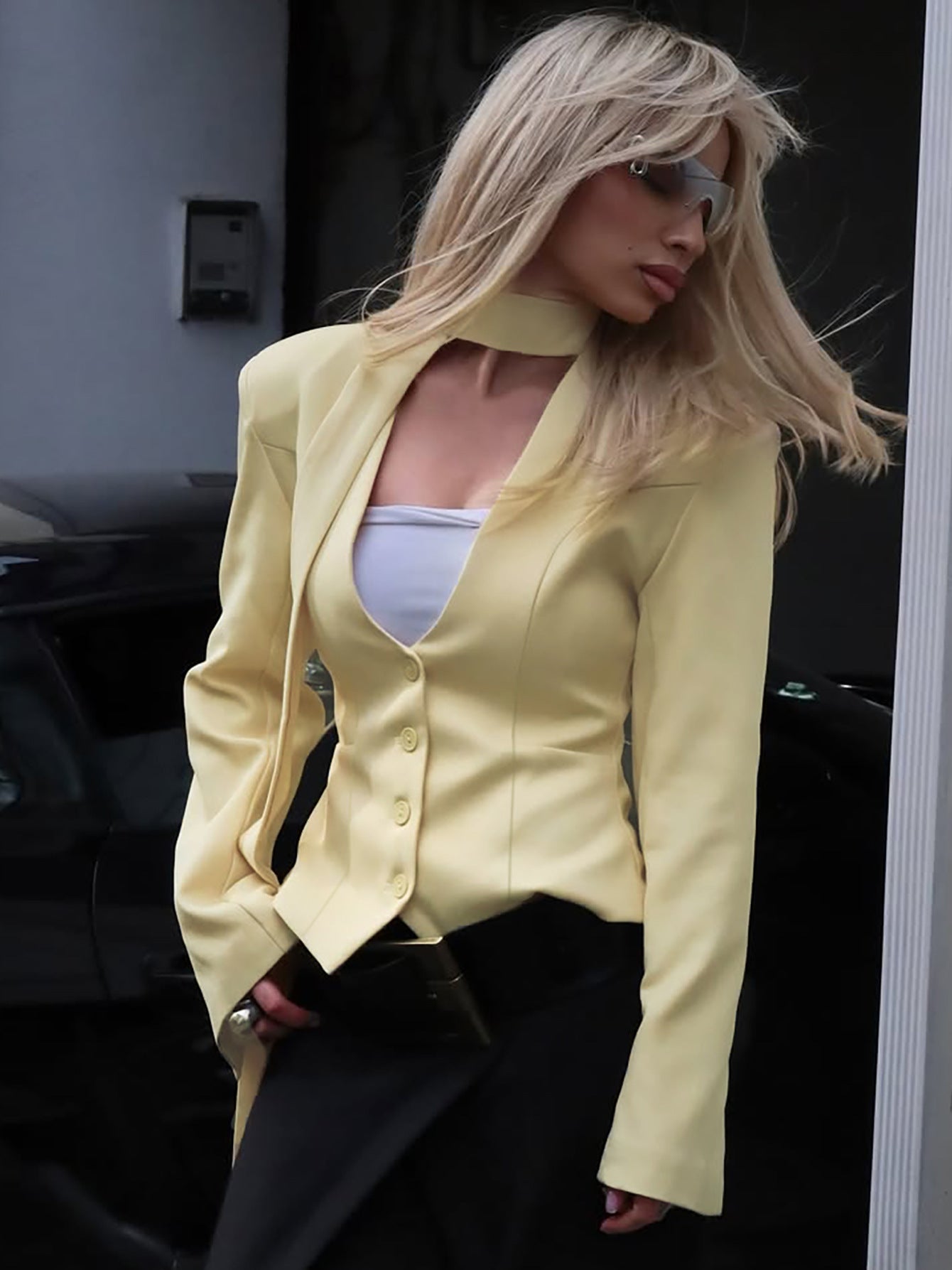 Autumn Women's Fashion Chic Buttoned Blazer Slim Solid Coat 7