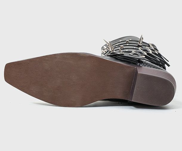 Punk Gothic Wide-Tube Leather Pointed Rivet Long Boots 3