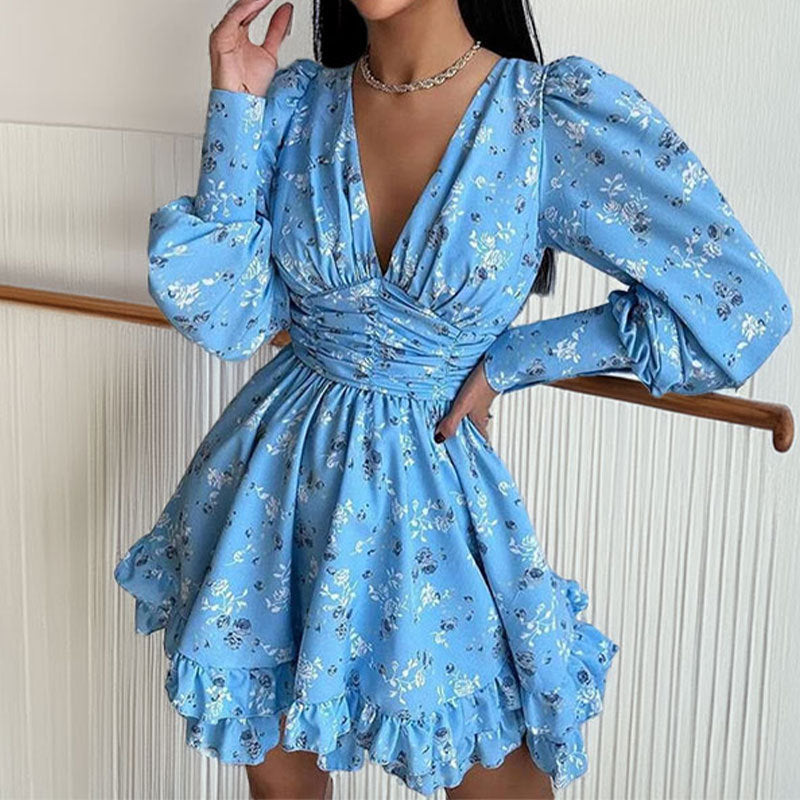 Floral Print Sweet V-neck Puff Sleeve Slim Waist Dress 9