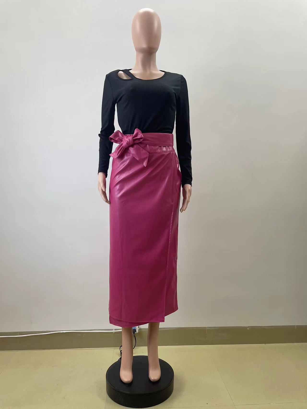 Women pu Leather Autumn and Winter Elegant Chic Wrap Skirt 9