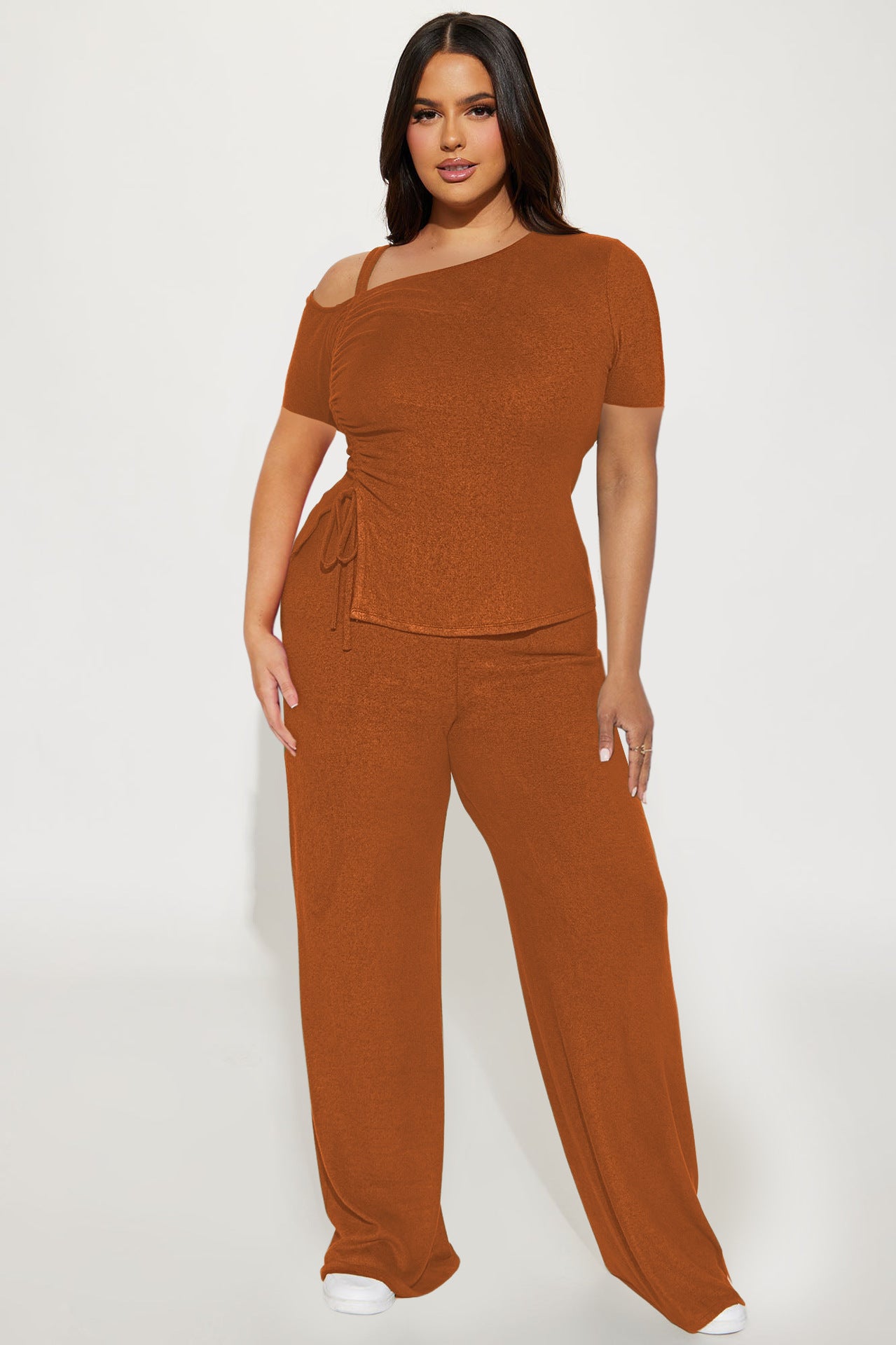 Women's Spring  Slash Shoulder Short Sleeve Pleated Slim Sexy Two-Piece Pants Set 4