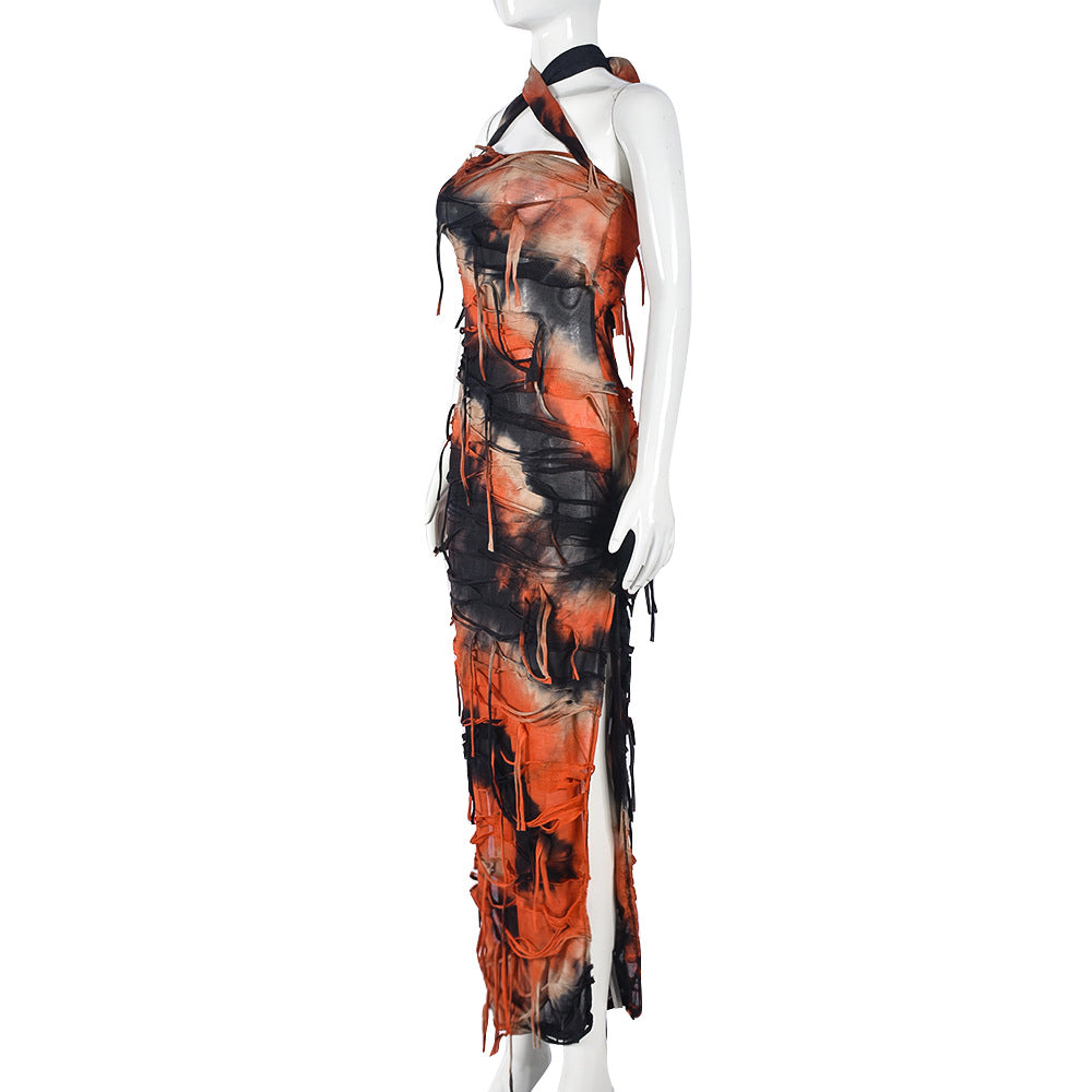 Women summer sleeveless backless split tie-dye dress 12
