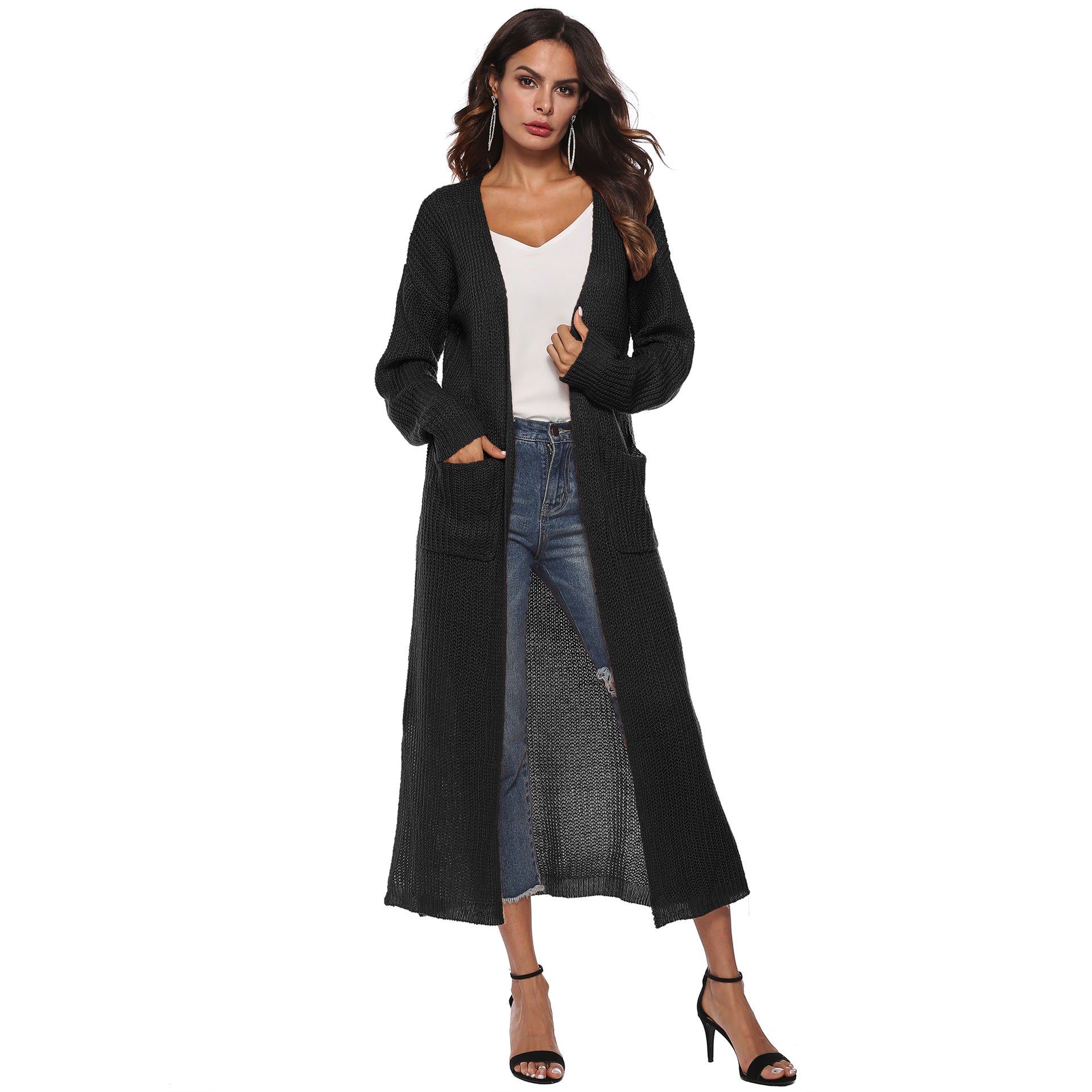Women thin long coat with large pockets and slits 15