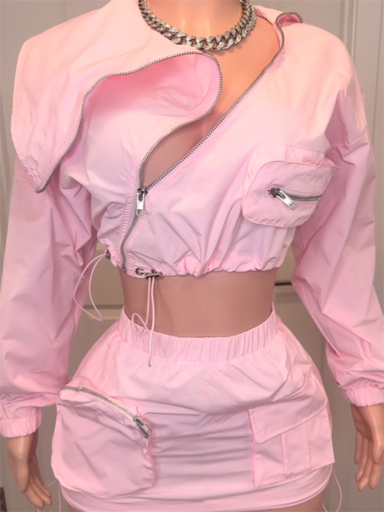 Long Sleeve Cargo Zip Jacket Short Skirt Set