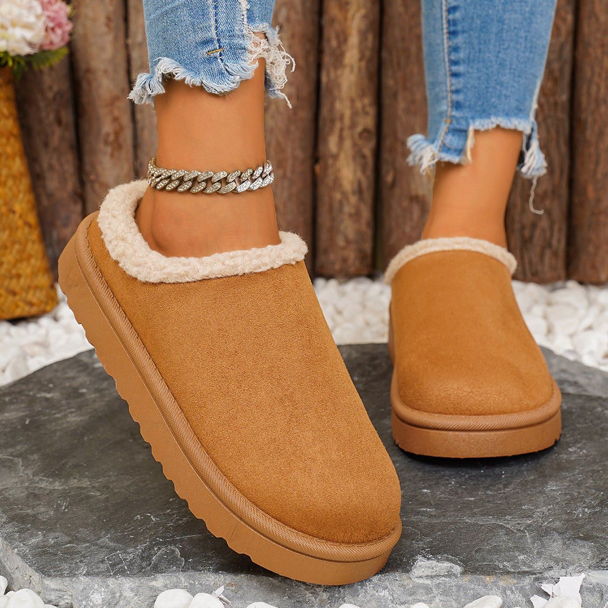 Women's Winter Plush Warm Fleece Soft Sole Round Toe Flat Bottom Slippers 9