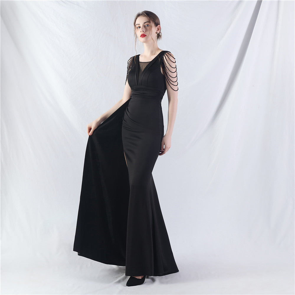 Women Satin Pleated Beaded Evening Dress 10