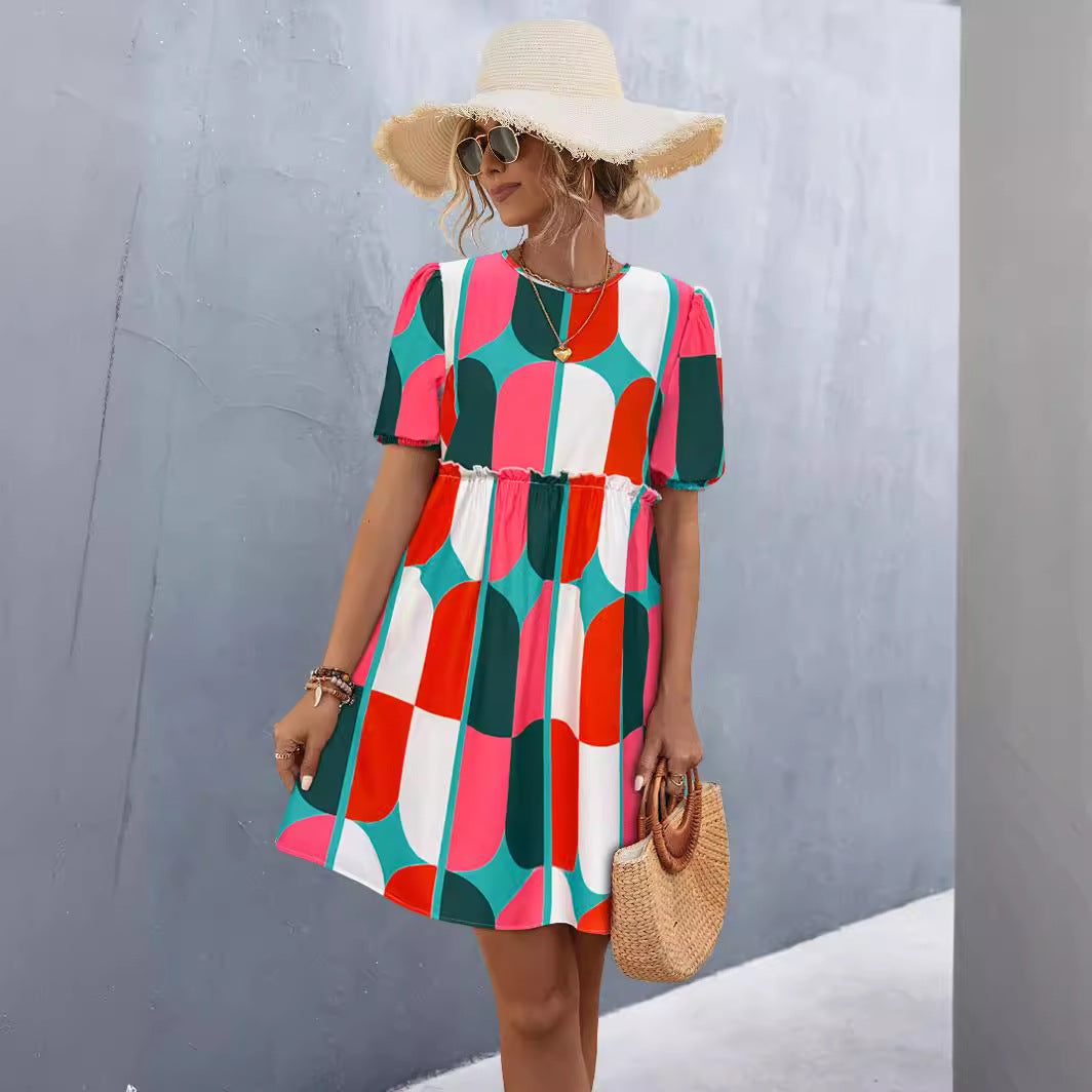 Spring Women's Round Neck Puff Sleeve Printed Dress 4