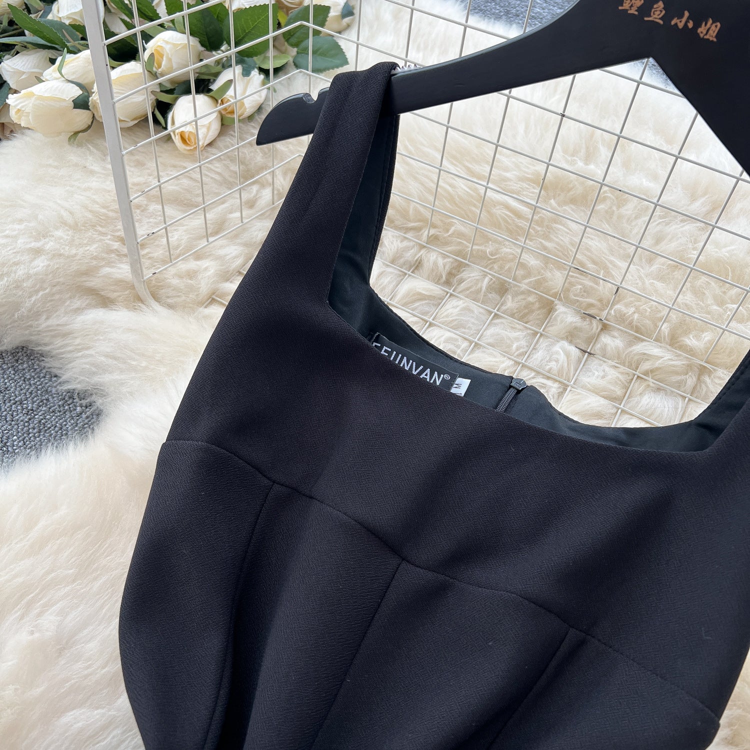 Women's Summer Square Neck Strap Mesh Patchwork Puffy Long Dress 19