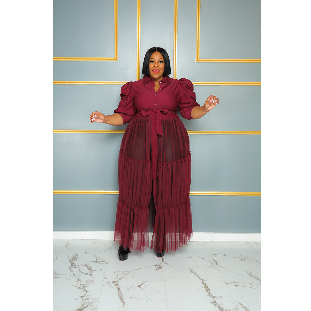 See-Through Mesh Cake Dress Plus Size Belted Breathable Short Sleeve Dress 4