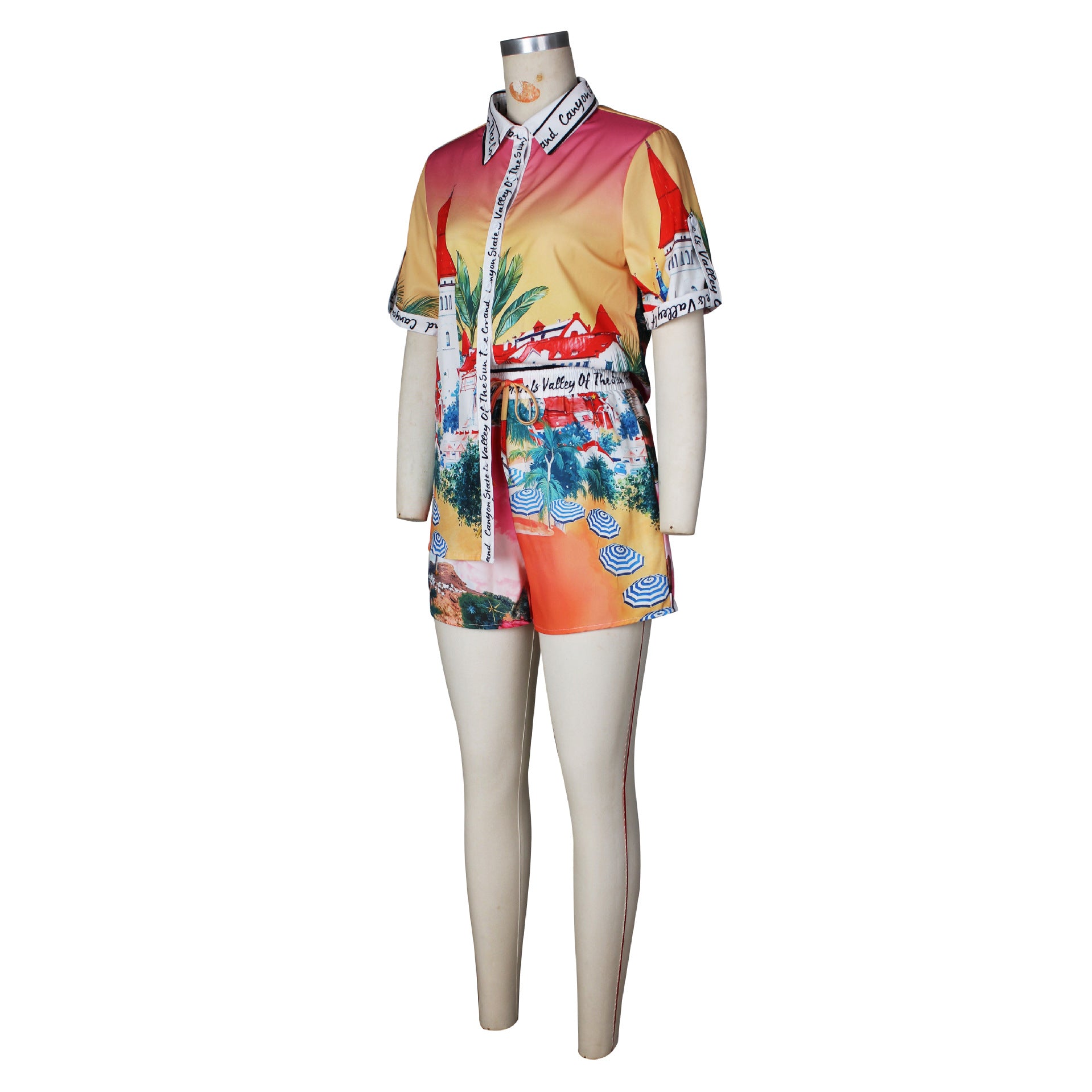 Women’s Print Short Sleeve T-shirt & Shorts Color-Block Holiday Casual Set 11