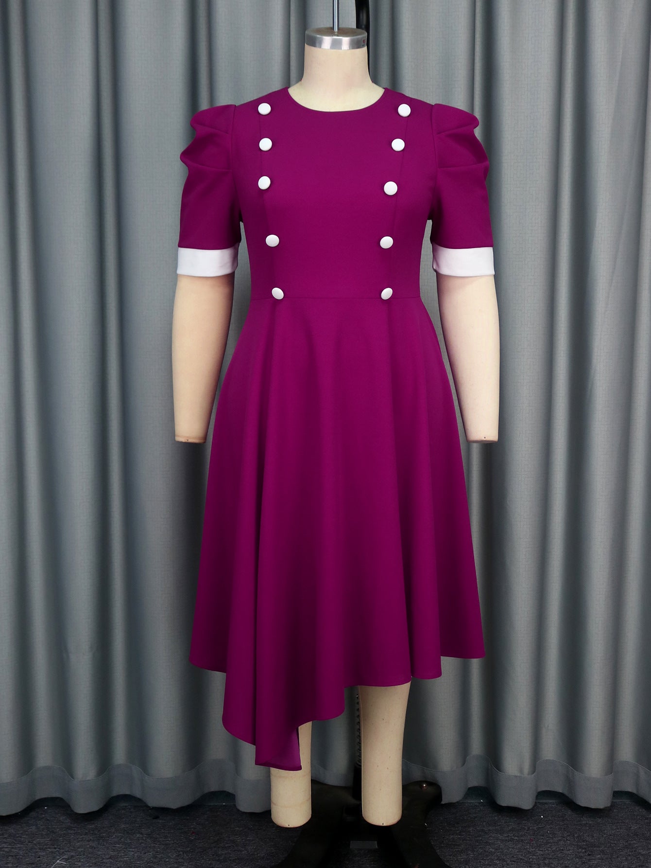 Plus Size Contrast Color Round-Neck Short-Sleeve Elegant Party Cocktail A-Line Dress 5