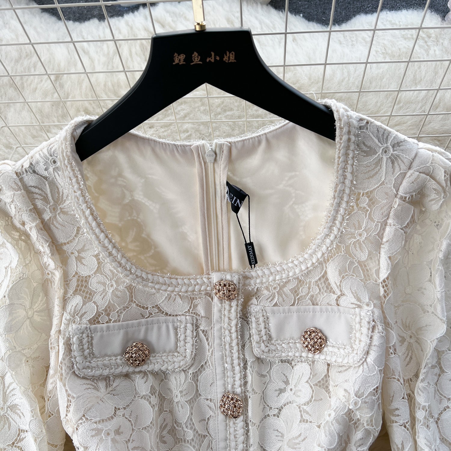 Women French Beaded Metal Button Square Collar Lace Patchwork Pleated Dress 10