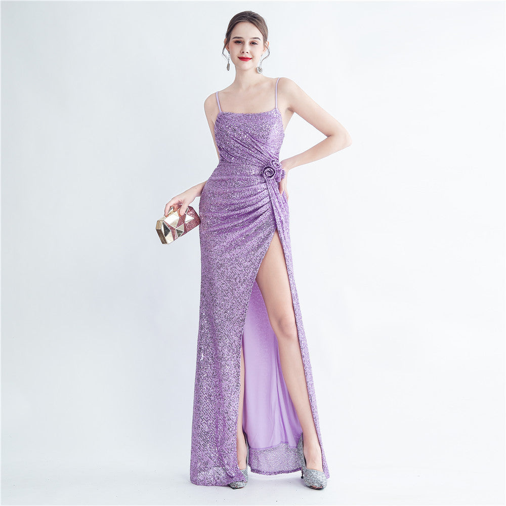 Fashion Pleated Sequin Flower Slit Elegant Straps Evening Dress 16