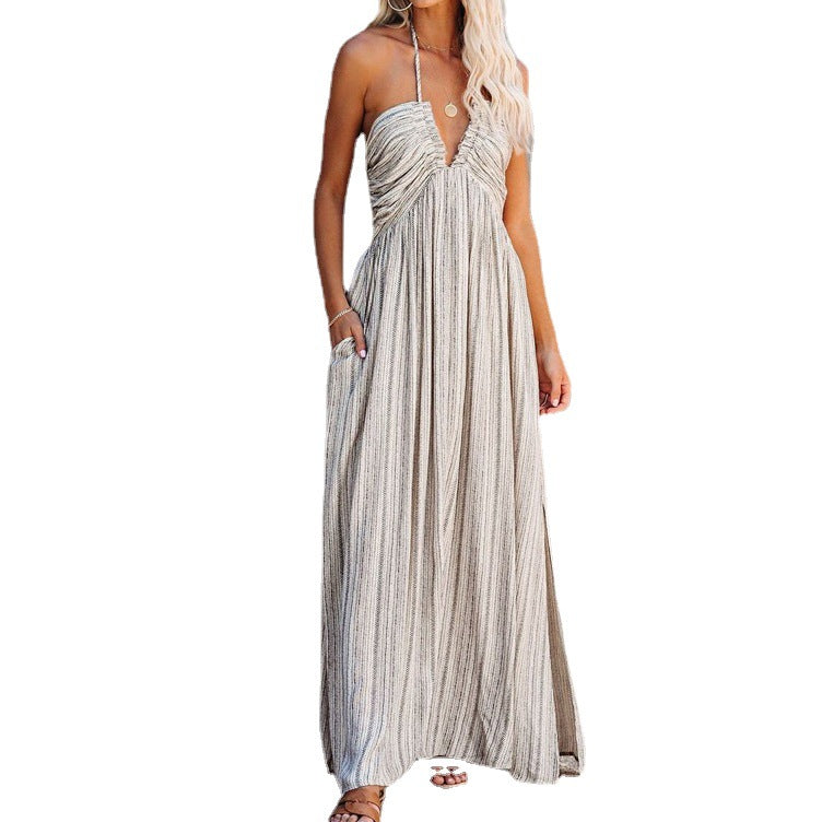 Women'S Halter Pocket Maxi Dress Wrap Chest Lace-Up Sexy Beach Holidays Dress 6