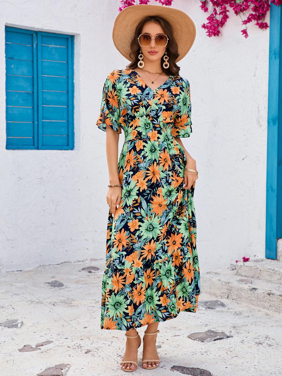 Women ruffled Bat Sleeves V-neck Bohemian beach Holidays dress
