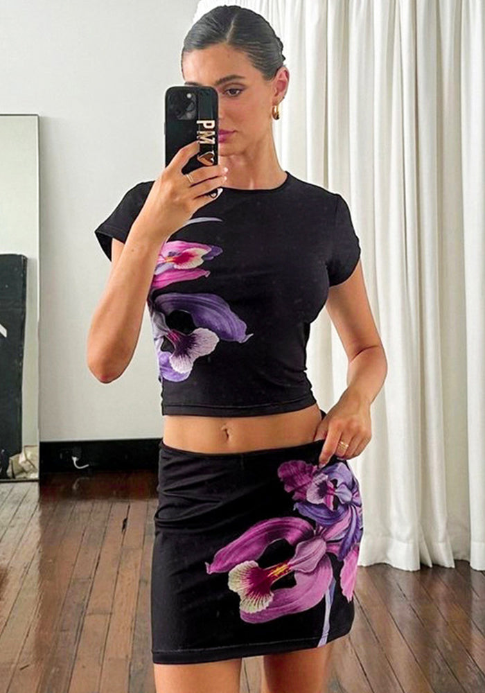 Women summer short-sleeved printed Top and Skirt two-piece set