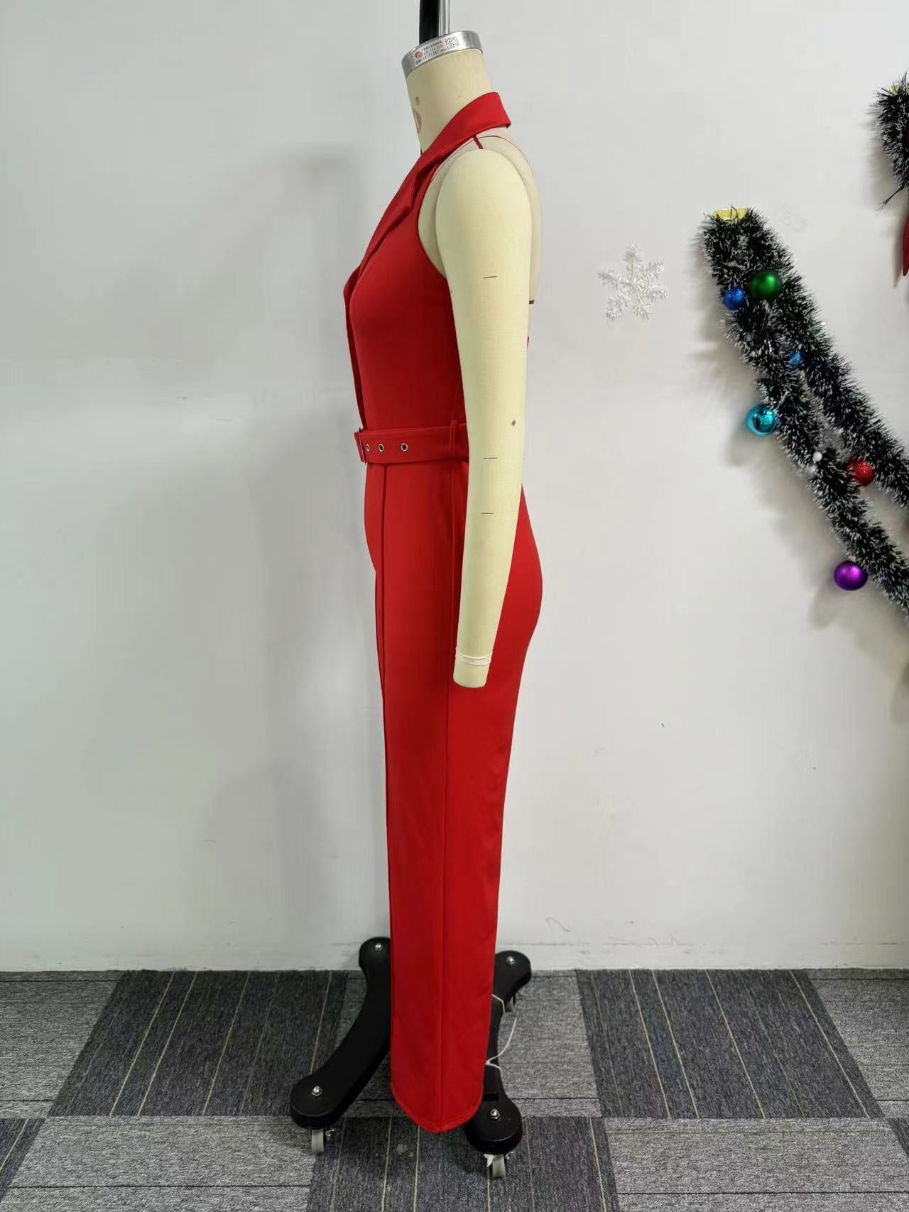 Women Halter Neck Backless V-neck button wide-leg jumpsuit 7