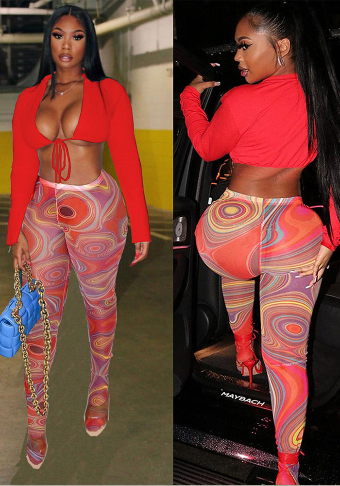 Sexy Solid Color Lace-Up Top Printed Tight slim pants two piece set