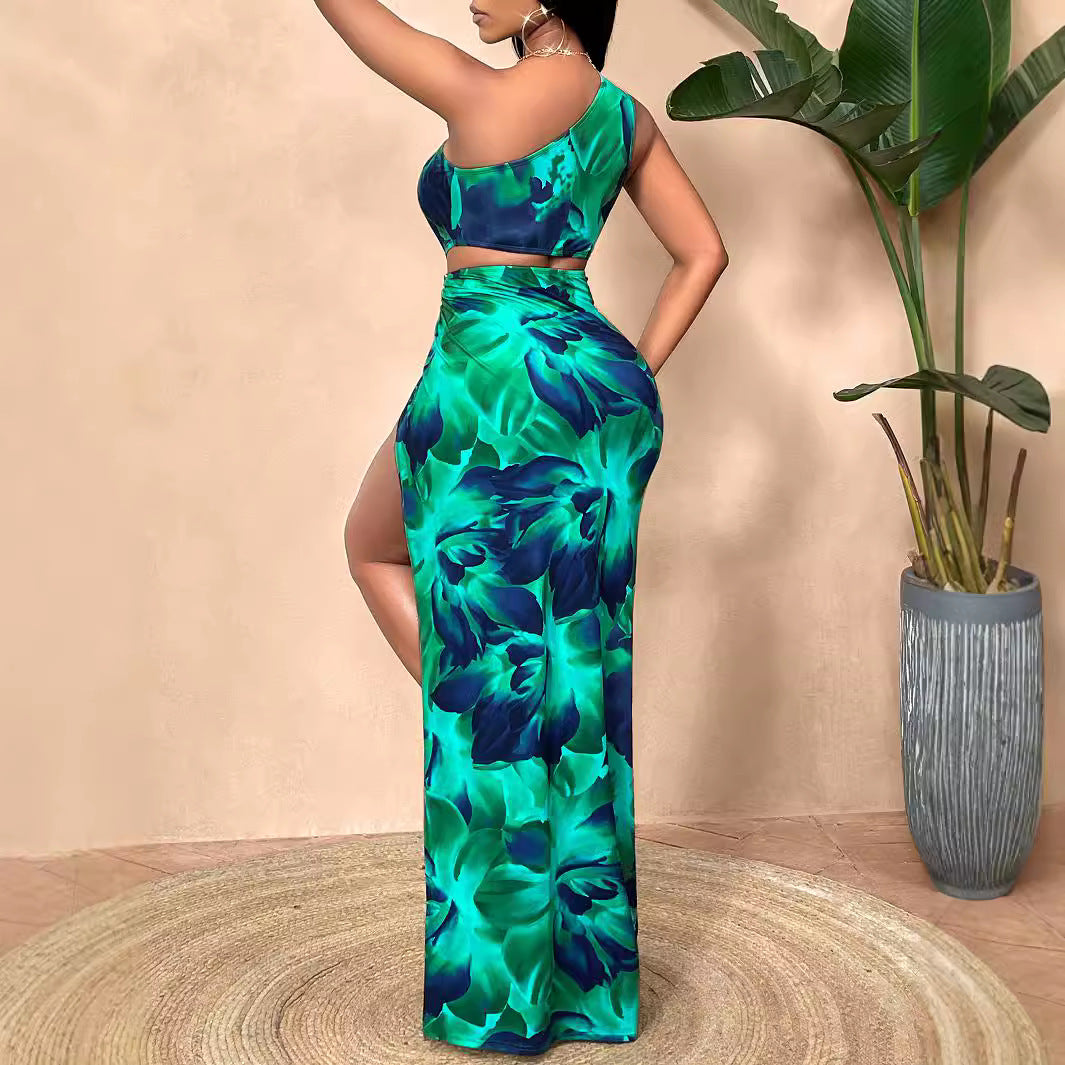 Women Summer Sexy Slash Shoulder Print Slit Dress 5