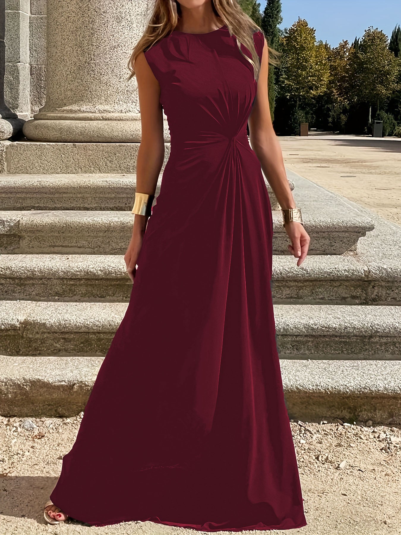 Fashion Casual Chic Slim Waist Elegant Round Neck Long Dress 3