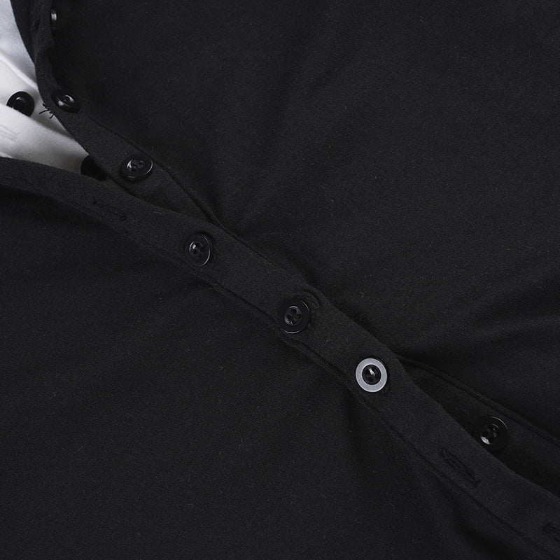 Black & White Contrast Fake Two-Piece Slim Waist Button-Down Long-Sleeve T-Shirt 24