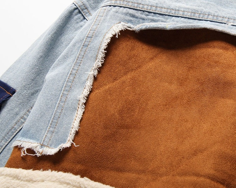 Winter Casual Blue Turndown Collar Fleece Patch Denim Jacket 13